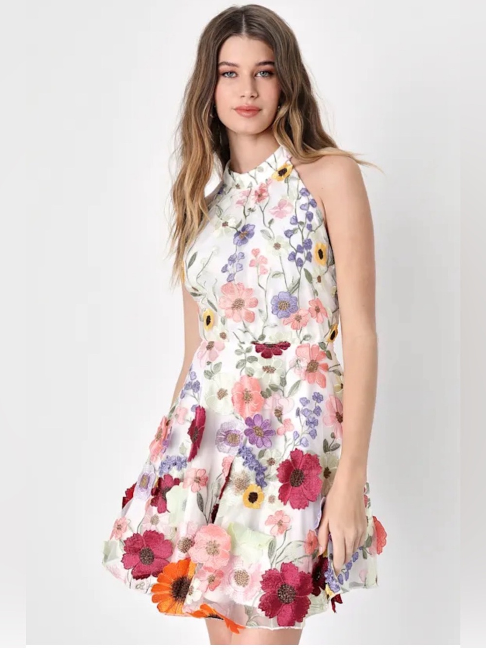 Lulu’s Blooming Bliss Ivory 3D Floral Embroidered Halter Mini Dress